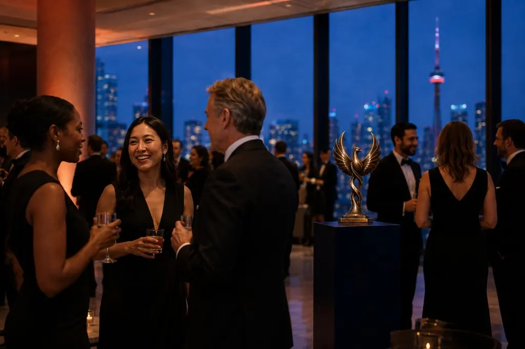 Guests in evening dress at a Toronto gala, with a phoenix sculpture and the city skyline behind them