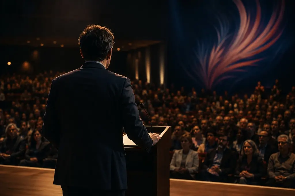 A speaker at a podium addressing a seated audience in a darkened hall
