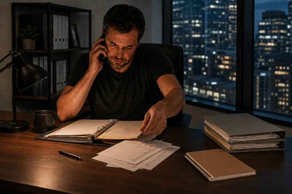 A man works late at a desk, on the phone with a binder of papers while the city glows outside